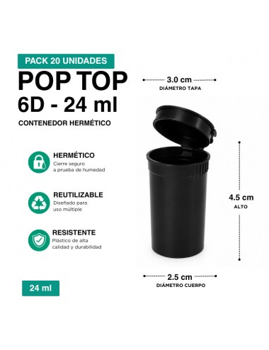 Contenedor Pop Top Negro 24 ml 6D – Pack 20 Unidades