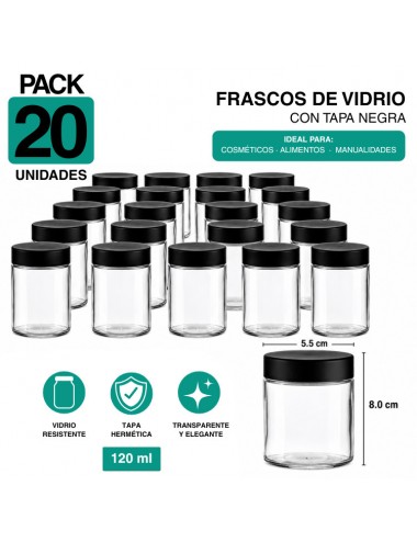 Frasco de Vidrio 120 ml Child Proof Transparente Tapa Negra - Pack 20 Unidades