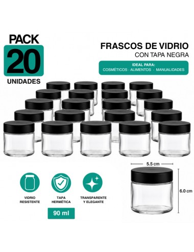 Frasco de Vidrio 90 ml Child Proof Transparente Tapa Negra - Pack 20 Unidades