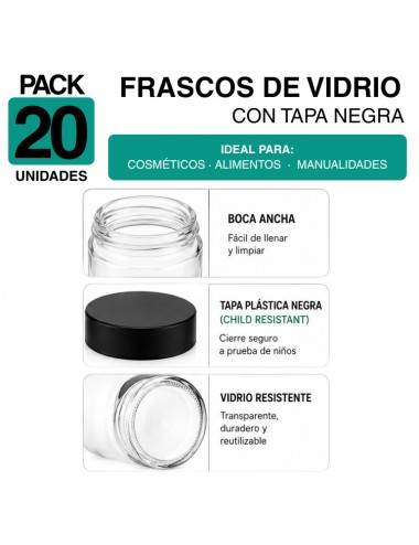 Frasco de Vidrio 60 ml Child Proof Transparente Tapa Negra - Pack 20 Unidades