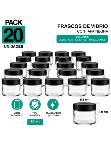 Frasco de Vidrio 60 ml Child Proof Transparente Tapa Negra - Pack 20 Unidades