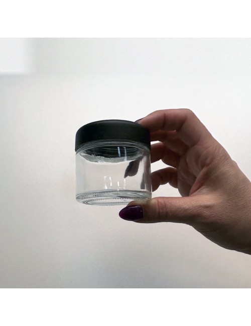 Frasco de Vidrio 60 ml Child Proof Transparente Tapa Negra - Pack 20 Unidades
