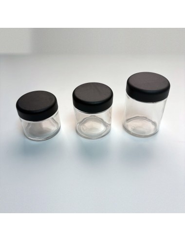 Frasco de Vidrio 60 ml Child Proof Transparente Tapa Negra - Pack 20 Unidades