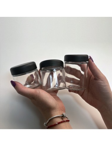 Frasco de Vidrio 60 ml Child Proof Transparente Tapa Negra - Pack 20 Unidades